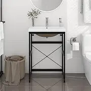 Sleek Bathroom Washbasin Frame with Built-in Basin, Black Iron Frame for Modern Organizers – 59 x 38 x 83 cm – Ceramic Basin with Overflow – Tidy Vanity Solution & Storage Cabinet