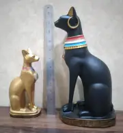8-13'' Bundle 2 Statues–Antique Egyptian Goddess Bastet Cat Isis Handmade...