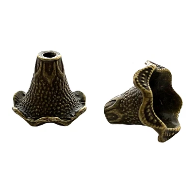 10 Antiqued Gold Bronze 22mm Hummingbird Trumpet Petunia Tulip Flower Caps Beads