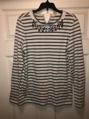 Tory Burch T-Shirt S Casual Long Sleeve Blue White Striped Back Embellished Tie