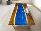 Blue Epoxy Resin Center Sofa Dining Table Top Acacia Wooden Live Edge Decors