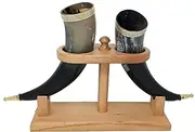 Viking Drinking Handmade Natural OX Horn | Tankard | Mug | Cup for Ale, Beer, Mead, Wine | 12 to 15 Inch | 100% Leak Free | with Beautiful Wooden Stand (Set of 2)
