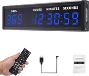 Digital Count Up & Count Down Timer, Large LED Display & 2”Blue Big Font, 999-Day Countdown, 12/24H Clock with Buzzer & Remote Control