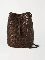 [Dragon Diffusion] Dragon Diffusion - Pom Pom Double Jump Woven Leather Bucket Bag - Dark brown - One size One size Brown