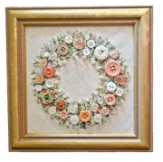 Hand-crafted Embroidered Beaded Button Wreath Framed