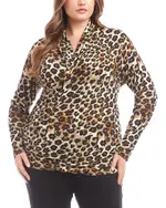 Karen Kane Plus Long Sleeve Printed Crossover Side Shirred Top