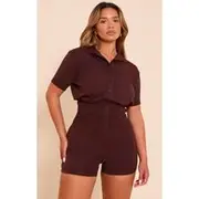 Shape Chocolate Polo Button Front Cinched Waist Playsuit, Chocolate