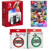 Nintendo Switch OLED White Console Bundle w/ Mario Kart 8 Deluxe & 2 Wheels NEW