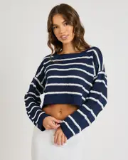 [Mooloola] Mooloola Women's Cece Crochet Sweater in Navy/Cream Size Large L Navy/Cream