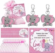 40 Sets Baby Shower Favors and Decorations for Girls - Elephant Keychains, Organza Drawstring Bags, Thank You Tags - Guest Return Gifts for Party