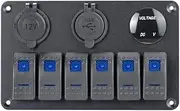 xioaue 6 Gang Marine Rocker Switch Panel Waterproof 12 Volt, Boat Toggle Switch Panel 12V Blue LED Lighted for Boat Car RV UTV