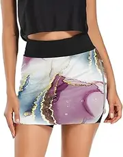 [RPLIFE] White Pink Blue Marble Atheltic Skirt, Exercise Skorts, Womens Skorts for Summer with Pockets Tummy Control