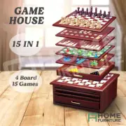 Chess Board Wooden Games House Toy Set Backgammon Checkers Snakes Ladders 15in1