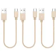 3 Pack 20cm Short Data Transfer Charger Charging USB Type C Phone Tablet Cable Cord Bulk Braided Gold Nylon