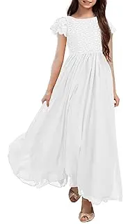 [HOSIKA] Girls Vintage Chiffon Ruffle Sleeve A-Line Wedding Party Maxi Junior Bridesmaid Dress for Kids 6-12 Years