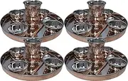 Pack Of 4 Stainless Steel Copper Traditional Dinnerware Set Of Thali Plate, Bowls, Glass And Spoon, Diameter 12-Inch