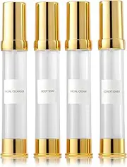 XQNCBY Golden Airless Pump Bottle Travel Set with Box Refillable Empty Cosmetic Vacuum Bottles for Liquids Such as Hand Soap,Toner,Foundation,Hair Oil,Lotion and Cream(1oz/30ml,4 Pack)… (ZKP-JS-30ML)