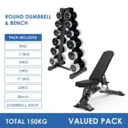 5kg to 20kg Chrome Round Dumbbell & Storage Rack & Premium Bench Bundle (6 pa...