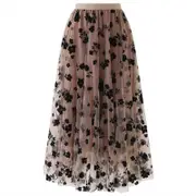 Nevenka Womens Elastic High Waist Tulle A-Line Swing Midi Skirt-Champagne