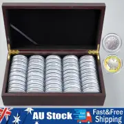 50PC 46MM Coin Capsules Storage Box w/ Wooden Case Holders Collection Display AU