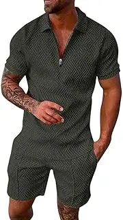 [Generic] Fashion Men'S Short Sets Outfits 2 Piece 1/4 Zip Polo Shirt And Shorts Sets Summer Print Short Sleeve Casual Tracksuit Chic