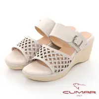 在飛比找momo購物網優惠-【CUMAR】鏤空皮革楔型涼鞋楔型涼拖鞋(米白色)