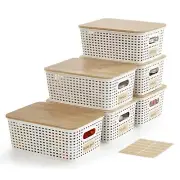 Small Plastic Storage Bins with Bamboo Lids 5.2qt Stackable Box Basket Pantry...
