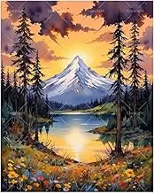 Mountain Paint by Numbers Kit for Adults - DIY Gold Sunset Over Snowy Peak and Forest Lake Painting on Canvas 16x20 Inches, Acrylic Paint Set, Suitable for Beginners,Art for Home Decoration/Gifts