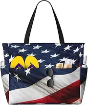 [Ghjkfbf] American Flag Print Large Capacity Beach Travel Bag For Family, Beach Tote Bag For Women With Zipper Pockets, Black, One Size