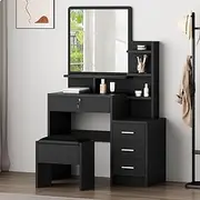 ALFORDSON Dressing Table and Stool Set, Black, Makeup Vanity Desk with Mirror, Shelves & Side Cabinet, Dresser Organiser with Matching Chair for Bedroom Dress Room