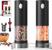 CIRCLE JOY Electric Salt and Pepper Grinder Set Rechargeable Salt and Pepper Mills with Storage Base, Adjustable Coarseness and White LED Light, Washable 95ml Container, Black