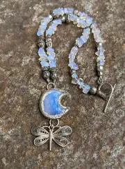 Gorgeous Opalite Moon And Sterling Silver Dragonfly Crystal Chip Necklace .A42c