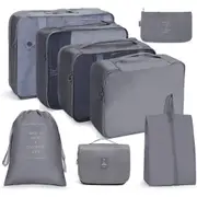 8Pcs Packing Cubes Travel Pouches Luggage Organizer Clothes Suitcase Storage Bag -Gray