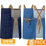 50 x Chefs Restaurant Stonewash Bleach Denim Full Bib Apron with Pockets BULK
