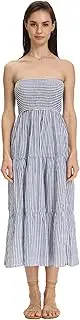 [Heychic] Women's 2025 Bohemian Summer Tiered Blue and White Stripes Straight Neck Dress Off Shoulder Flowy Beach Midi Dress with Side Split
