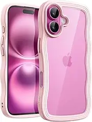 JETech Wavy Case for iPhone 16 6.1-Inch, Cute Wave Frame Curly Shape Shockproof Phone Cover for Women and Girls, Clear Hard PC Back (Light Pink)
