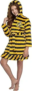 [INTIMO] Harry Potter Girls' Striped Ruffle Plush Fleece Robe - All 4 Houses Gryffindor, Hufflepuff, Slytherin, Ravenclaw
