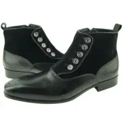 New Handmade Button Up Zip Boot, Leather and Suede Men's Ankle Boots, Black Shoe
