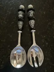 Aluminum Serving Set Spoon Fork Salad Servers, Black & Silver Chunky Beads New