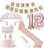 9PCS Rose Gold 18th Birthday Women's Decorations Set - Cake Topper, Queen Sash With Pearl Pin, Sweet Rhinestone Crown, Number Candle, Balloon Set, and Happy Banner