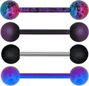 [OUFER] 4 PCS Stainless Steel 14G Barbell Tongue Rings Purple Black Splatter Tongue Barbell Tongue Piercing Jewelry