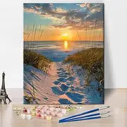 TISHIRON DIY Paint by Numbers for Adults with Brushes Sand, Grass, and Ocean Waves Oil Hand Painting Seaside Sunset Adult Paint by Number Paint by Number Kits on Canvas Art Crafts 16"x20"(Frameless)