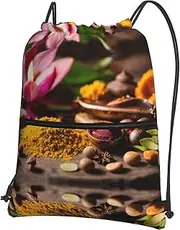 EdWal Condiments Spices Print Drawstring Backpack Gym Bags Sports Bags With Zipper Pocket For Travel Beach, Black, One Size