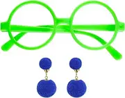 Round Green Glasses Princess Costume Set Wizard Glasses + Earrings for Women Girls Halloween Cosplay Dress Up Party Favors