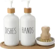 White Kitchen Soap Dispenser Set with Tray and Sisal Bristles Bamboo Dish Scrub