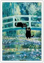 NONPAI Vintage Monet Cat Poster Funny Black Cat Bridge of Waterlilies Canvas Wall Art Famous Oil Paintings Monet Black Cat Poster Gallery Aesthetic Room Decor for Bedroom Bathroom 12x16in Unframed