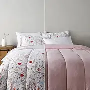 Amazon Basics Ultra-Soft Lightweight Microfiber Reversible Comforter 3-Piece Bedding Set, Full/Queen, Pink Floral