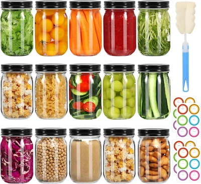 Jars 16 Oz with Black Lids 15 Pack Canning Jars Clear Regular Mouth Glass Jars f