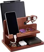 UNICRAFTALE 25.9 x 18.6 x 18 cm Large Mobile Phone Holder Wooden Phone Docking Station Wood Saddle Brown Bedside Table Charging Organiser and Mobile Phone Stand for Men Father's Day Gifts