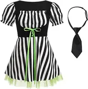 [IBAKOM] Women Cow Print Halloween Dress with Headpiece Bow Tie Red Plaid Puffy Sleeve Suspender Milk Maid Overall Dress